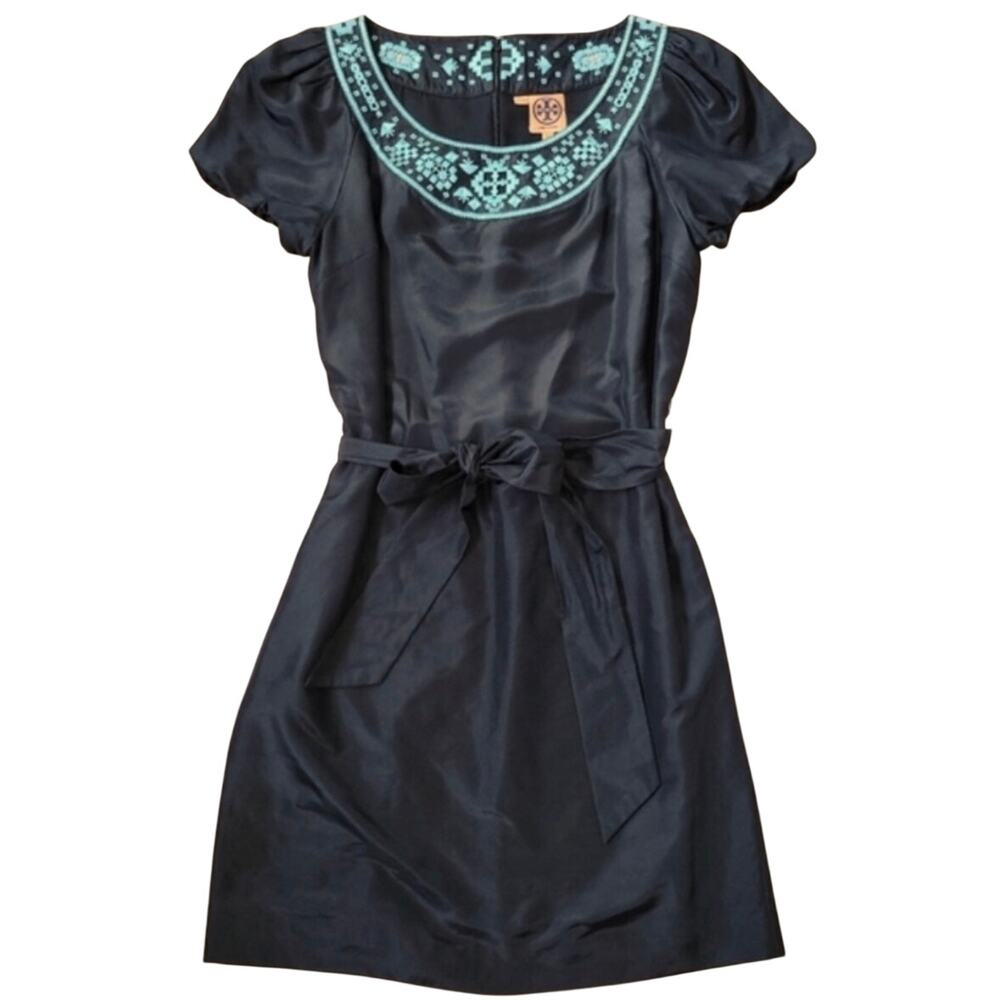 Tory Burch Lottie Black Silk Belted Dress with Turquoise Embroidery, Size 6